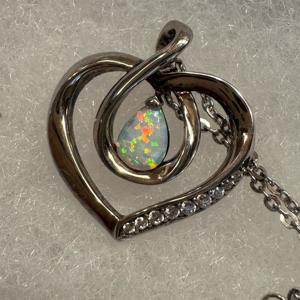 Silver Heart Necklace with Opal and Sparkling Accents-Italy 925